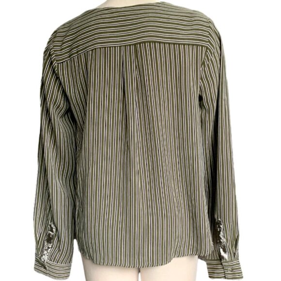 Hem & Thread Striped Long Sleeve Surplice V-Neck Blouse Sz L Olive Green 44G - Picture 5 of 7